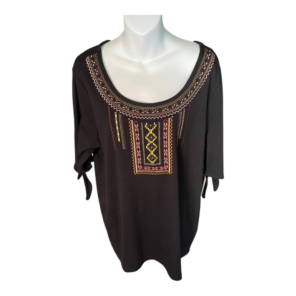 Rafaella Womens Black Embroidered Short Tie Sleeve Cold Shoulder Top Plus 1X NWT